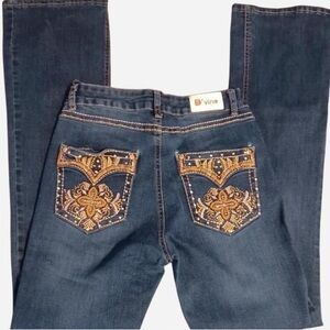 Women's Dark Blue Bootcut Jeans with Gold Embroidered Pockets